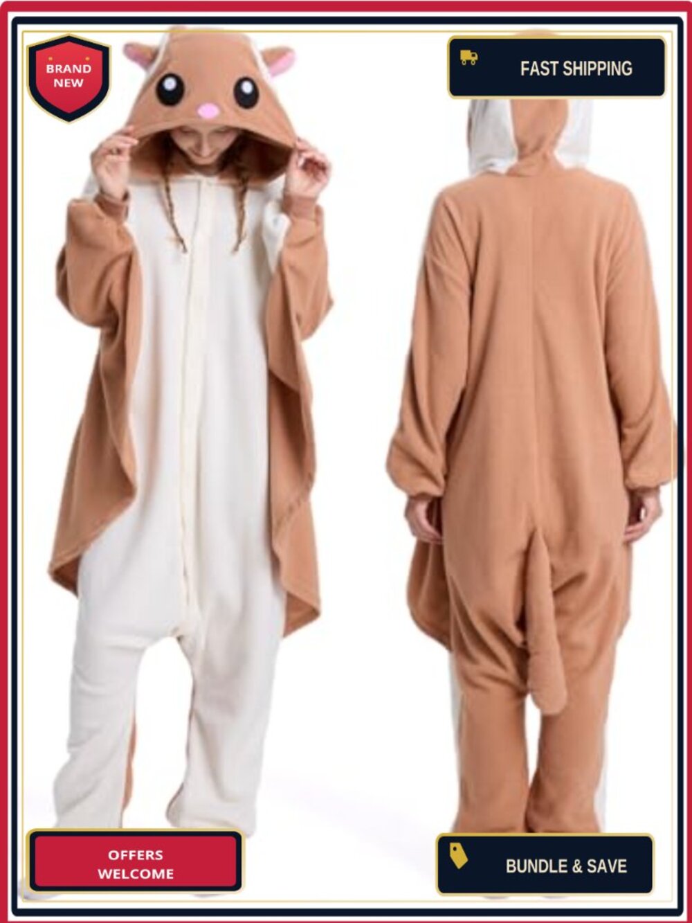 Unisex Flannel Flying Squirrel Onesie Pajama Halloween Cosplay Costume